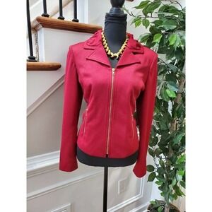 Kate & Rosy Women Solid Red Polyester Long Sleeve Full Zip Front Fitted Jacket M